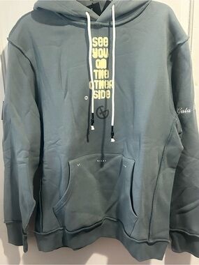Men's Teal Graphic Pullover Hoodie with Contrast Drawcords